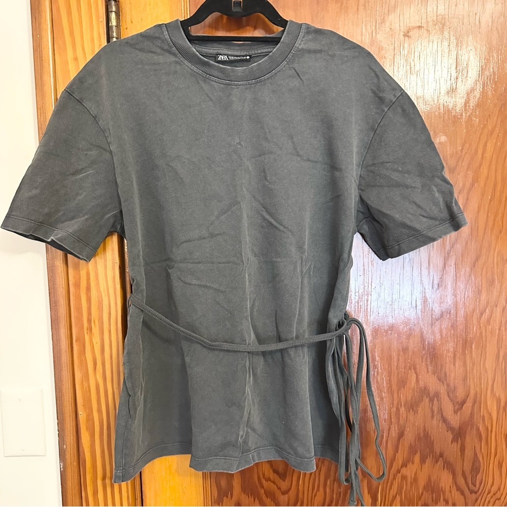 Zara Tie Waist Gray Shirt